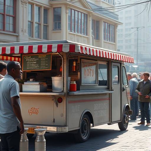 A catering truck parked on a film set, providing food and beverages for the cast and crew.
