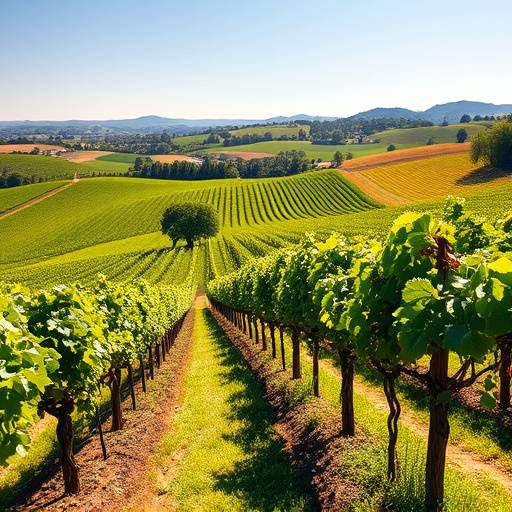 A picturesque vineyard in Napa Valley with rows of grapevines and rolling hills in the background on a sunny day.