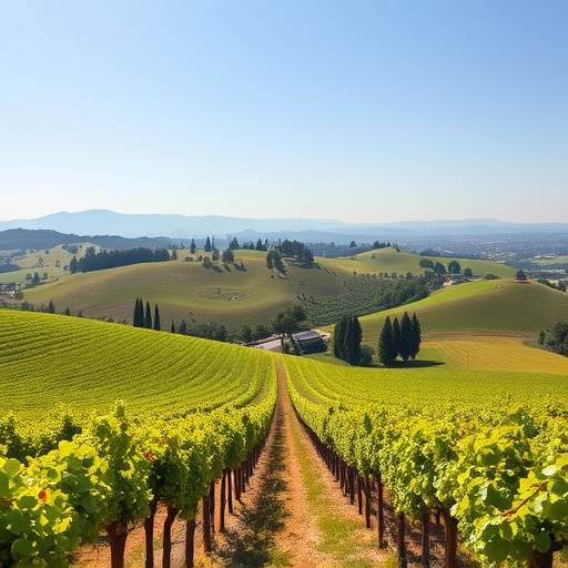 A picturesque vineyard in Napa Valley with rows of grapevines and rolling hills in the background.