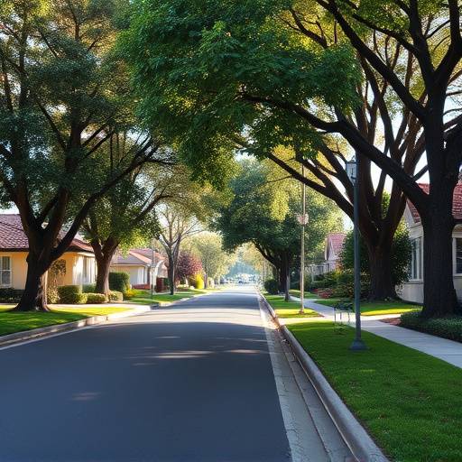 A quiet, tree-lined suburban street in Southern California with well-maintained homes and manicured lawns.