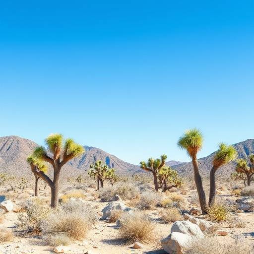 A vast desert landscape in the Mojave Desert, featuring Joshua trees and a clear blue sky with minimal clouds.
