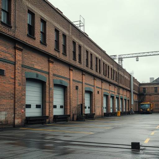 Exterior of a large, brick industrial warehouse with loading docks and a gritty urban feel.