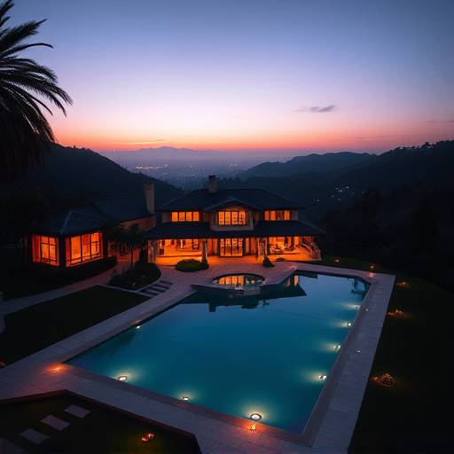 Exterior of a luxurious Hollywood Hills mansion at twilight, featuring a large swimming pool and manicured lawns.