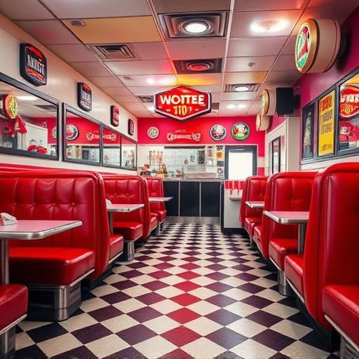Interior of a retro-style American diner with red vinyl booths, checkered floors, and vintage signage.